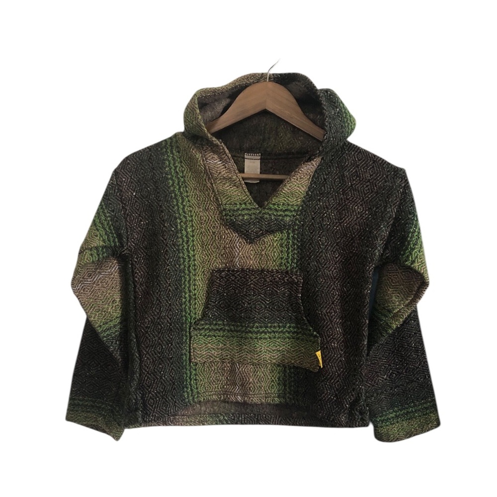 Vintage Molina Baja Woven Pullover Kids Green/Black/Tan Hooded Kangaroo Top